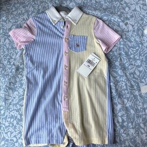 Ralph Lauren Pastel Multi-Stripe Polo Romper - Blue Pink Yellow